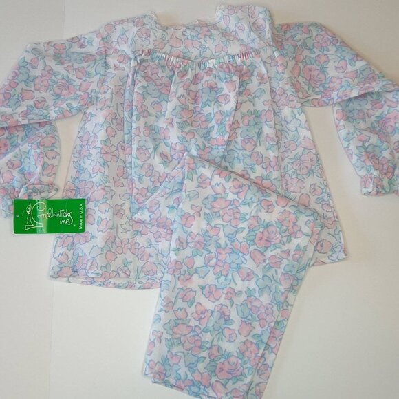 Vtg NEW Girls Flannel PJ Set Flannelette Floral Smocked Lace Pink Blue by Candle - Picture 4 of 9